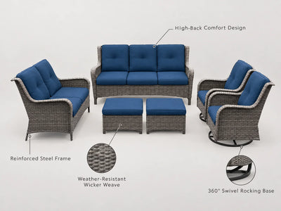 Outdoor Patio Conversation Set Designed for Comfort, 6-Piece Steel Frame, Blue Cushions, Swivel Rockers