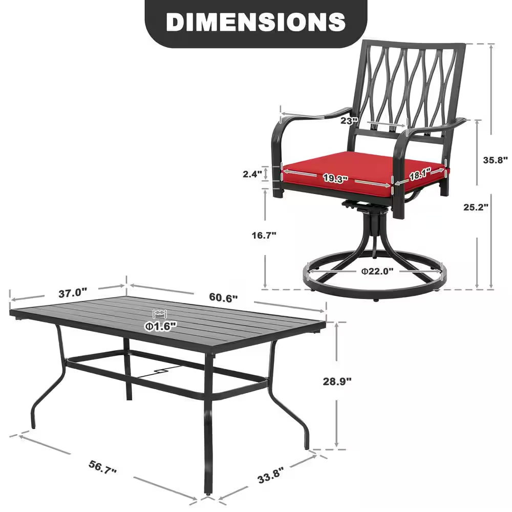 Black 7-Piece Metal Rectangle Outdoor Dining Set with Cushion Patio Furniture Set with Swivel Dining Chair