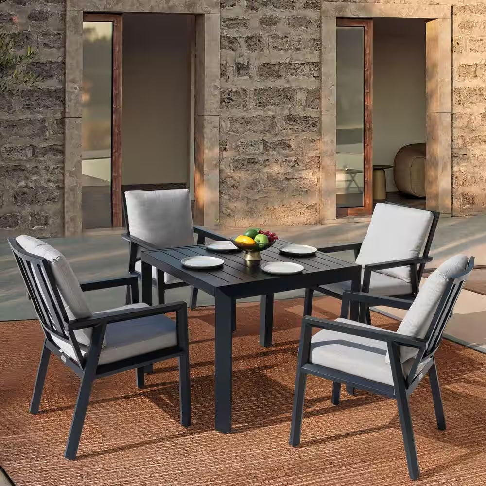 Black 5-Piece Aluminum Outdoor Dining Set with Gray Cushion