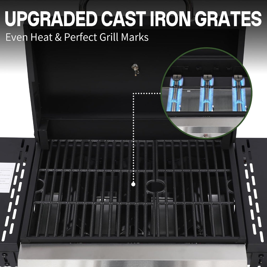 3-Burner Propane Gas Grill with Cast Iron Grates, 30,000 BTU