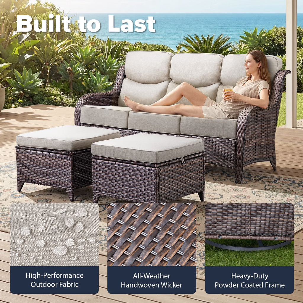 Luxury 6 Pieces Outdoor Patio Furniture Set with Swivel Rocker Chairs 6-Inch Extra Thick Cushions,Sofa Coffee Table,Wicker Conversation Sets for Porch Deck Backyard Poolside