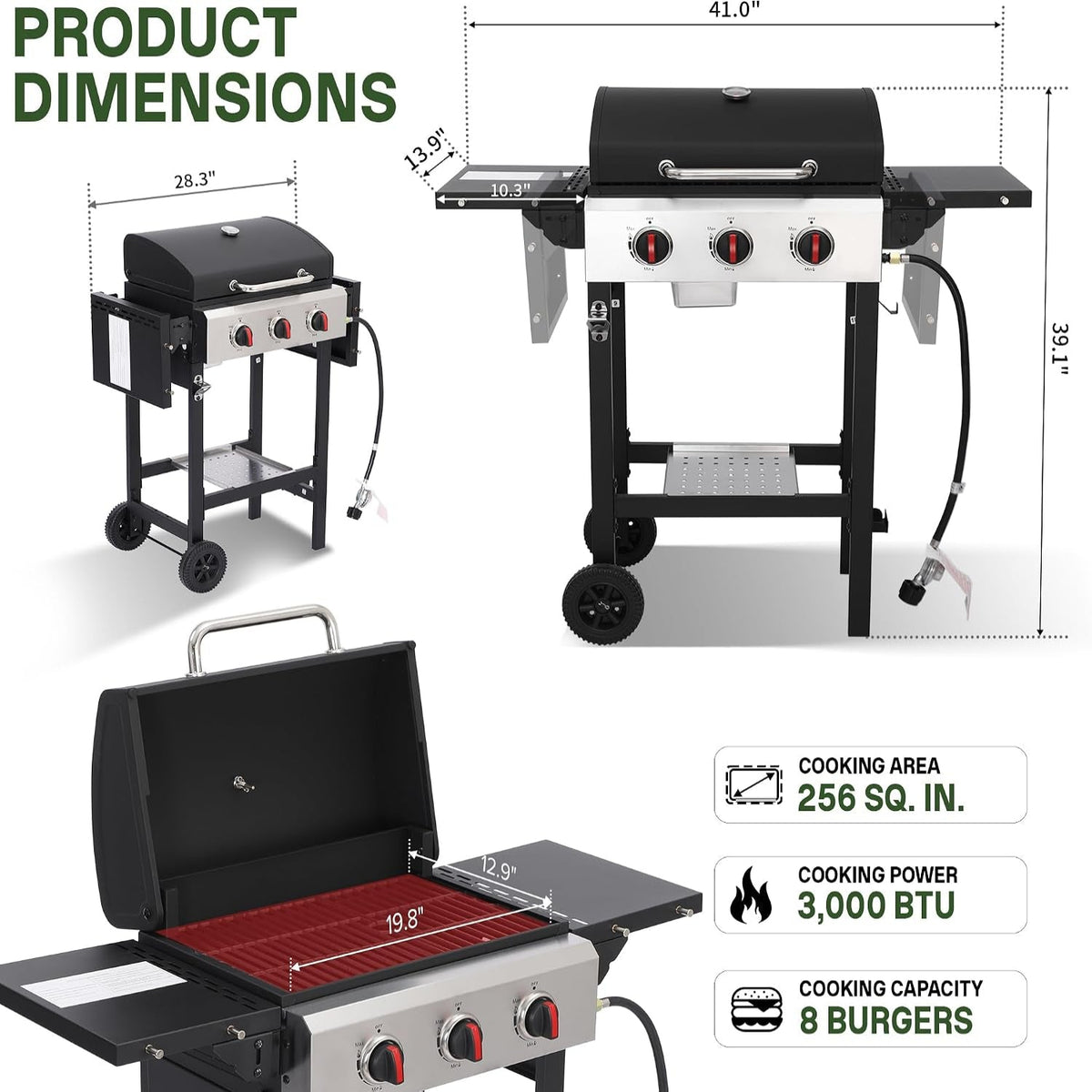 3-Burner Propane Gas Grill with Cast Iron Grates, 30,000 BTU