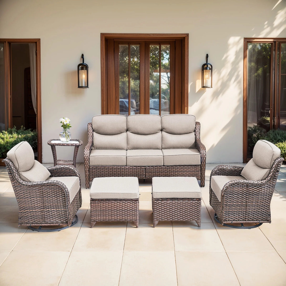 Luxury 6 Pieces Outdoor Patio Furniture Set with Swivel Rocker Chairs 6-Inch Extra Thick Cushions,Sofa Coffee Table,Wicker Conversation Sets for Porch Deck Backyard Poolside