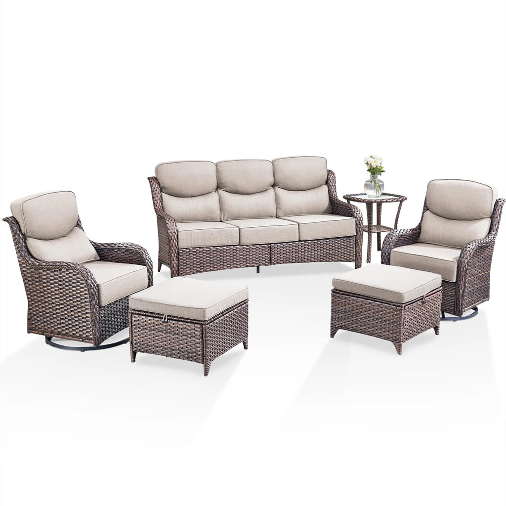 Luxury 6 Pieces Outdoor Patio Furniture Set with Swivel Rocker Chairs 6-Inch Extra Thick Cushions,Sofa Coffee Table,Wicker Conversation Sets for Porch Deck Backyard Poolside