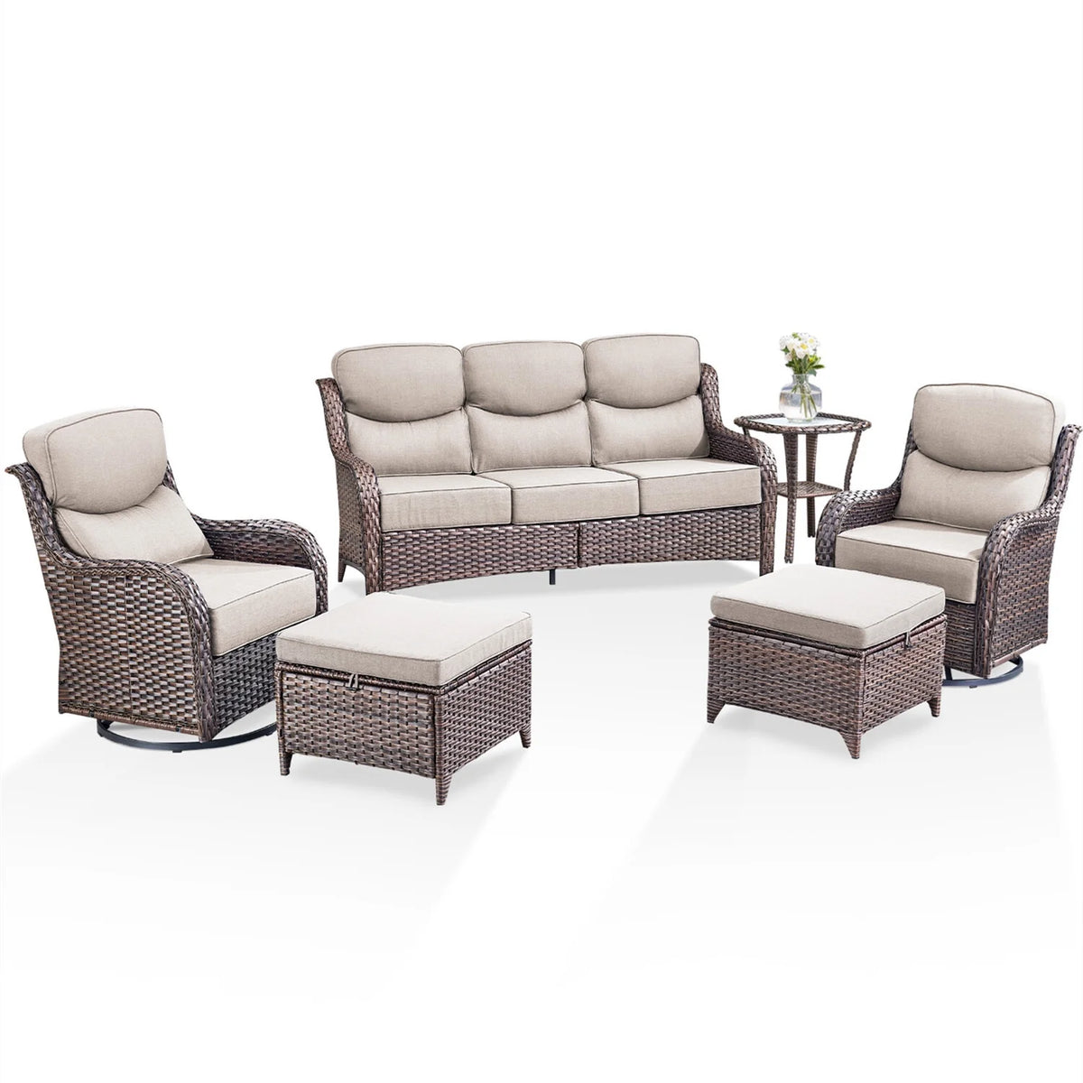 Luxury 6 Pieces Outdoor Patio Furniture Set with Swivel Rocker Chairs 6-Inch Extra Thick Cushions,Sofa Coffee Table,Wicker Conversation Sets for Porch Deck Backyard Poolside