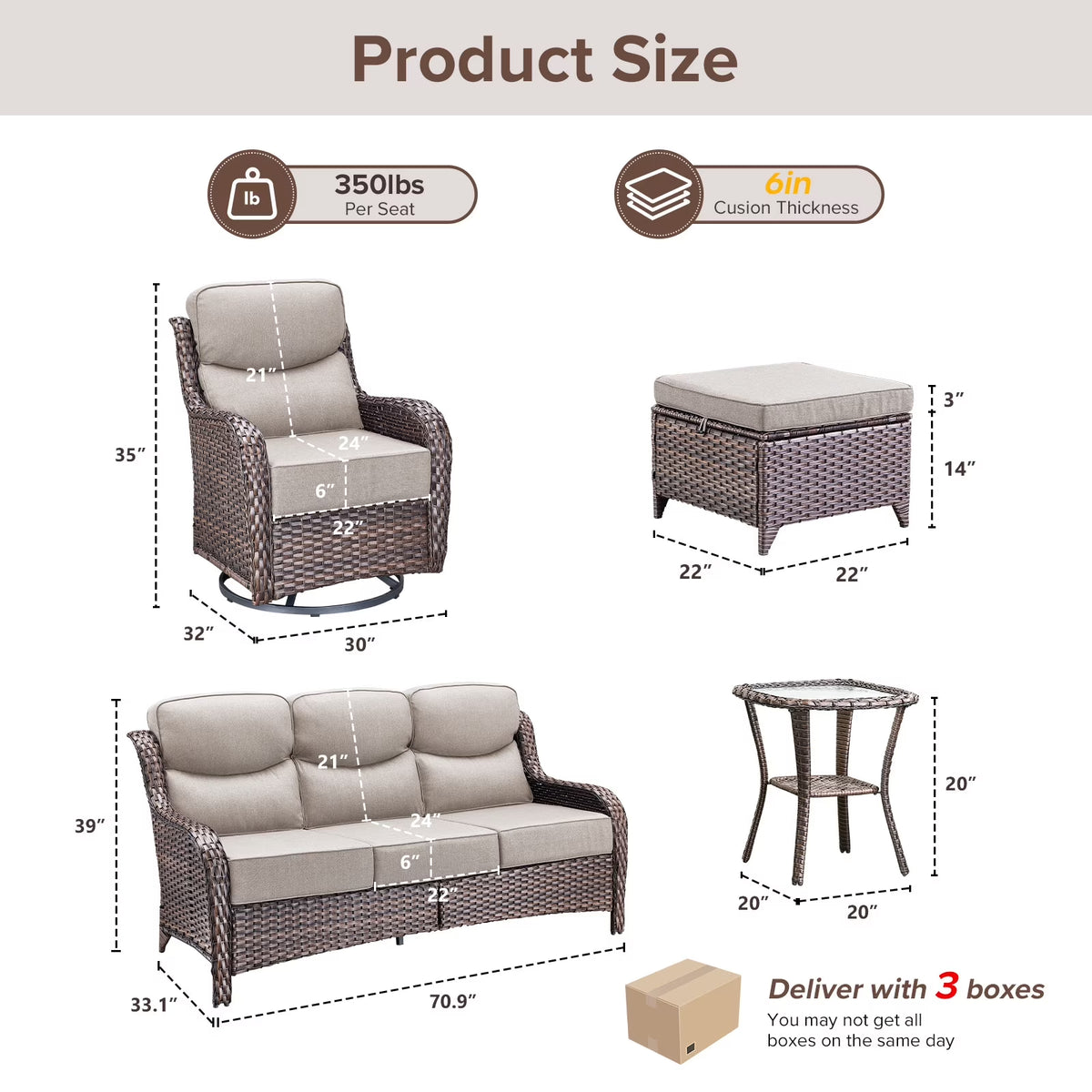 Luxury 6 Pieces Outdoor Patio Furniture Set with Swivel Rocker Chairs 6-Inch Extra Thick Cushions,Sofa Coffee Table,Wicker Conversation Sets for Porch Deck Backyard Poolside