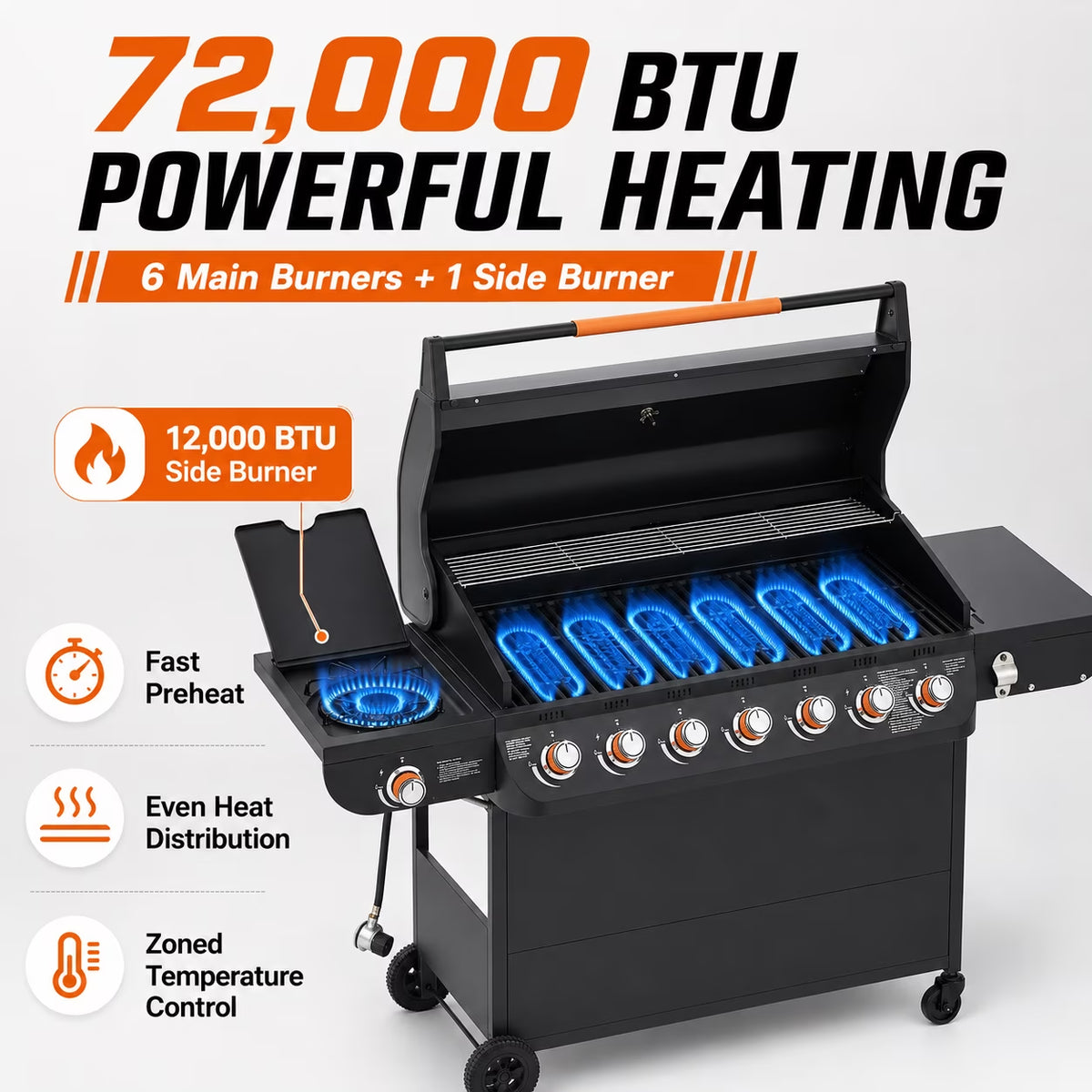 72,000 BTU Gas Grills Clearance, 6-Burner Propane BBQ Grill with Side Burner, 650 Sq.In Cooking Area, Cast Iron Grates, Warming Rack, Thermometer, Outdoor Grill for Patio Backyard