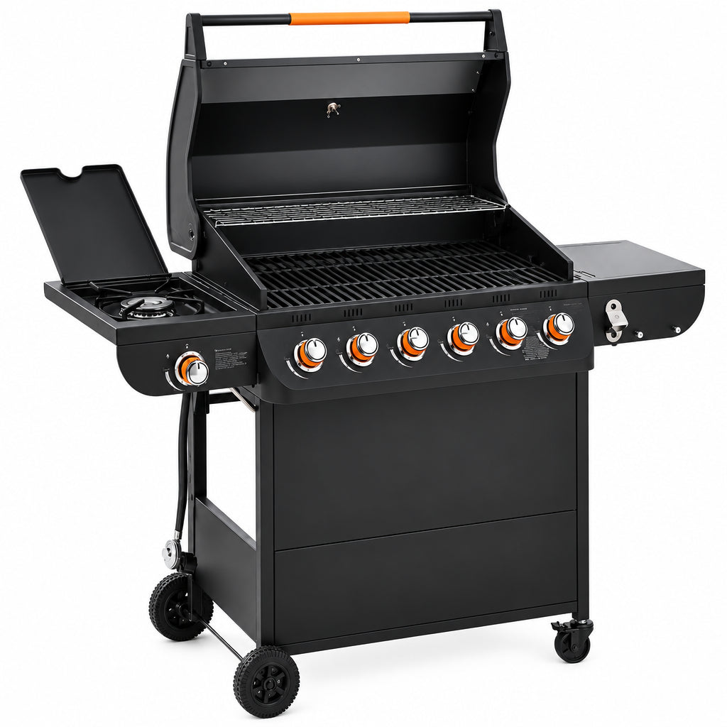 72,000 BTU Gas Grills Clearance, 6-Burner Propane BBQ Grill with Side Burner, 650 Sq.In Cooking Area, Cast Iron Grates, Warming Rack, Thermometer, Outdoor Grill for Patio Backyard