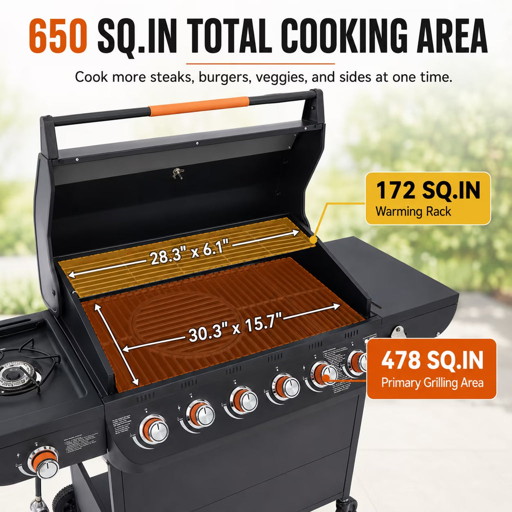 72,000 BTU Gas Grills Clearance, 6-Burner Propane BBQ Grill with Side Burner, 650 Sq.In Cooking Area, Cast Iron Grates, Warming Rack, Thermometer, Outdoor Grill for Patio Backyard