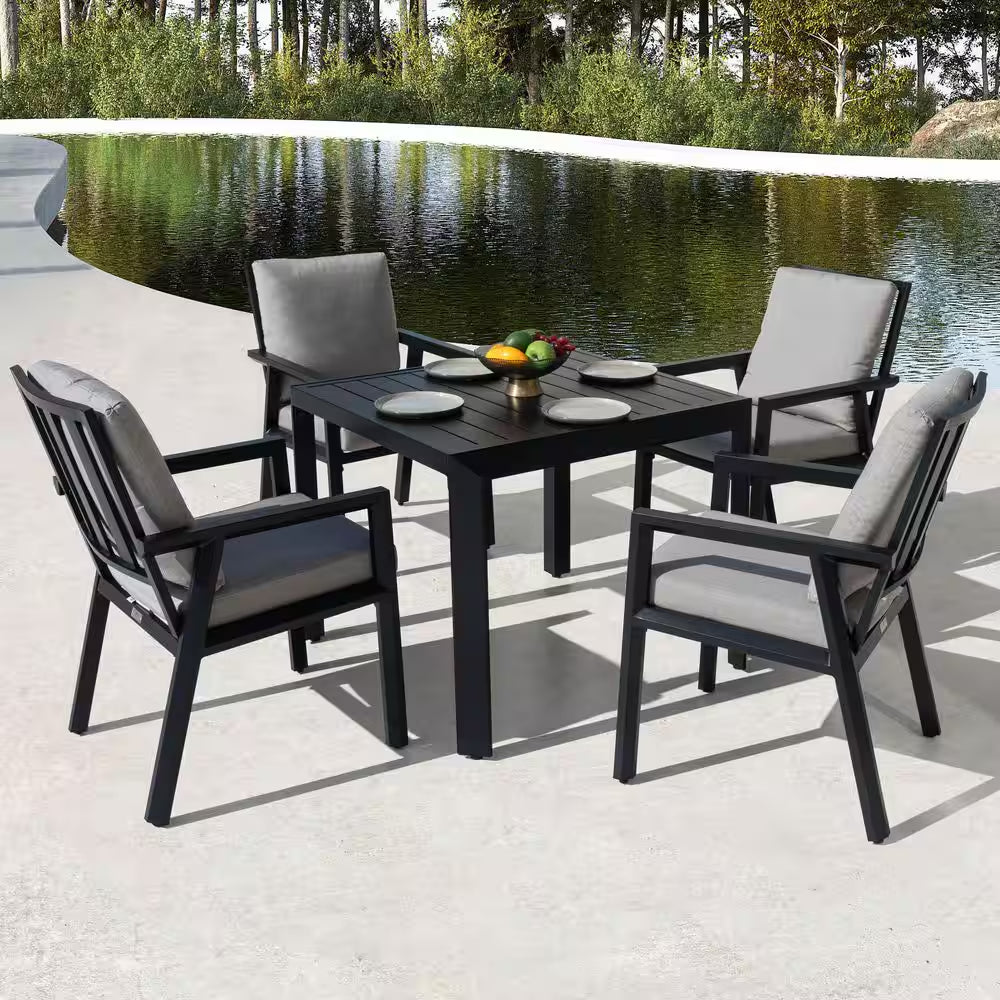 Black 5-Piece Aluminum Outdoor Dining Set with Gray Cushion