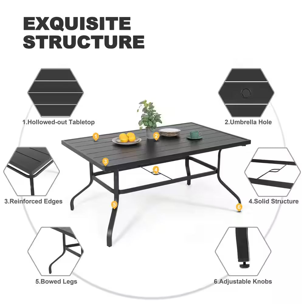 Black 7-Piece Metal Rectangle Outdoor Dining Set with Cushion Patio Furniture Set with Swivel Dining Chair