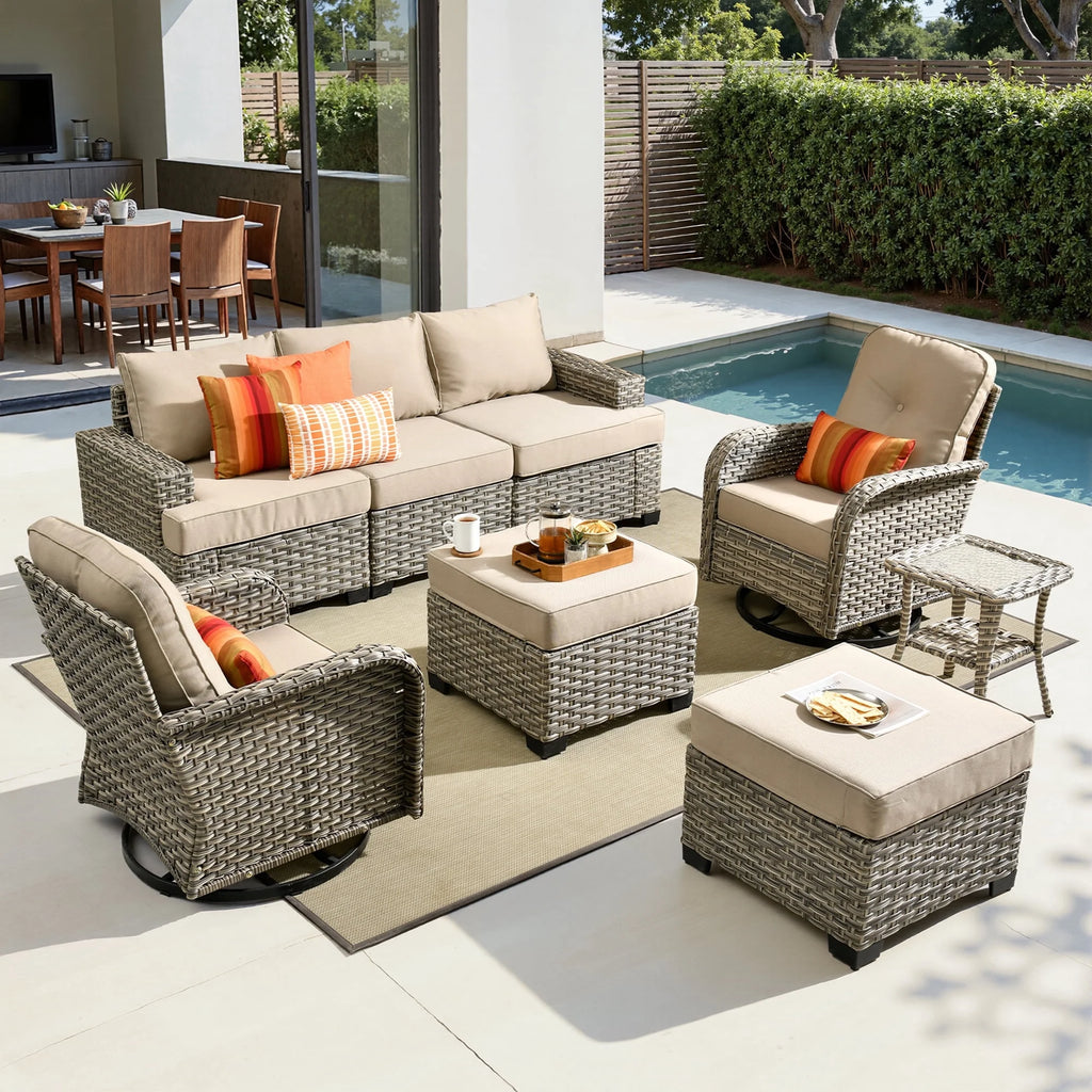 8 Pieces Patio Furniture Set, All Weather Wicker Patio Conversation Set with Swivel Chairs, Outdoor Furniture with Ottoman for Garden, Beige