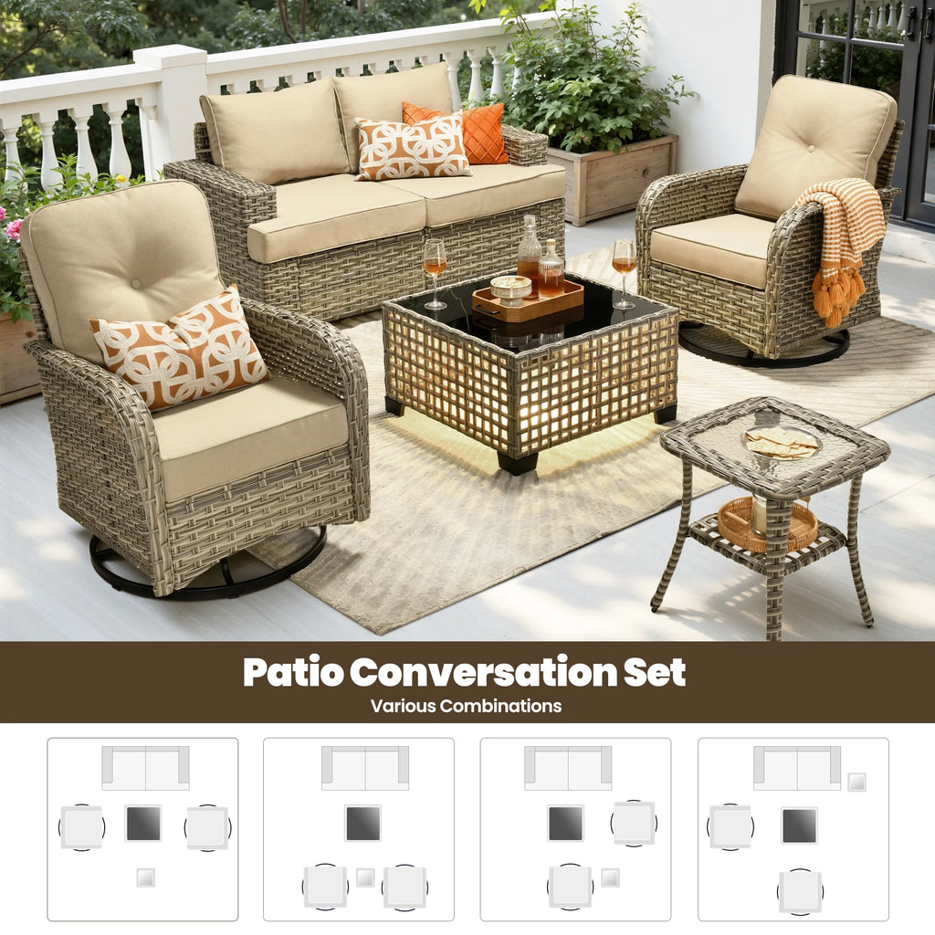 8 Pieces Patio Furniture Set, All Weather Wicker Patio Conversation Set with Swivel Chairs, Outdoor Furniture with Ottoman for Garden, Beige