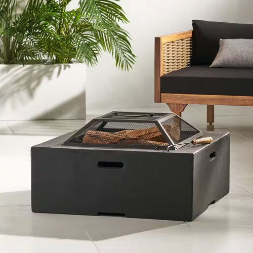 29 In. W X 17.2 In. H Square Wood Burning Outdoor Fire Pit in Grey