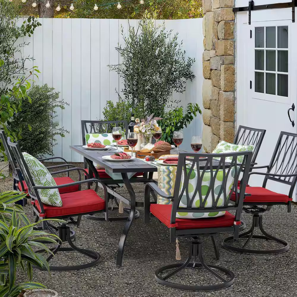 Black 7-Piece Metal Rectangle Outdoor Dining Set with Cushion Patio Furniture Set with Swivel Dining Chair