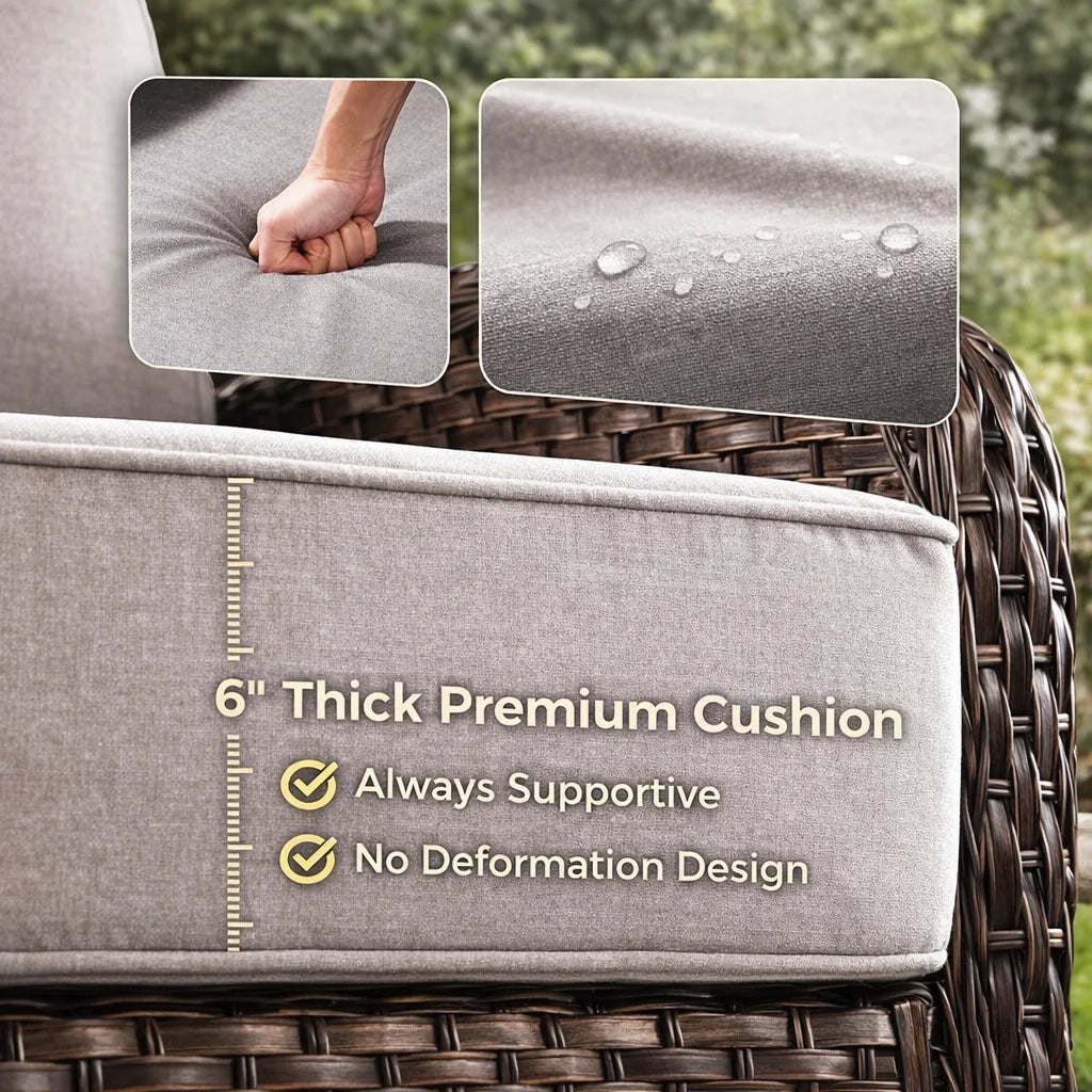 Luxury 6 Pieces Outdoor Patio Furniture Set with Swivel Rocker Chairs 6-Inch Extra Thick Cushions,Sofa Coffee Table,Wicker Conversation Sets for Porch Deck Backyard Poolside
