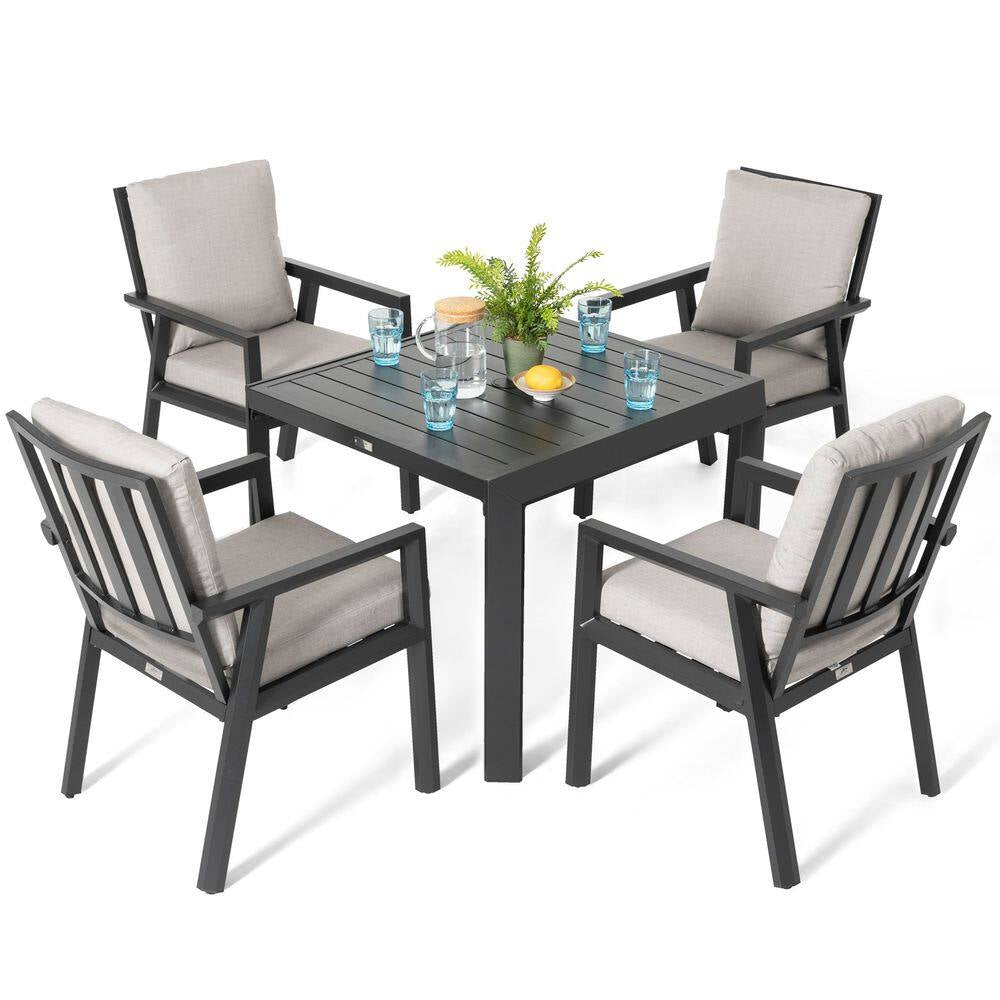 Black 5-Piece Aluminum Outdoor Dining Set with Gray Cushion