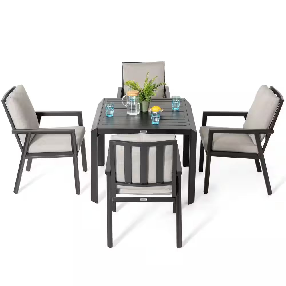 Black 5-Piece Aluminum Outdoor Dining Set with Gray Cushion