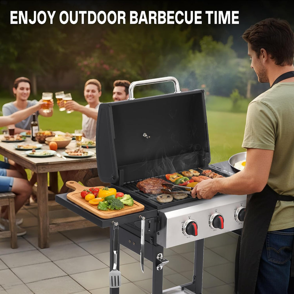 3-Burner Propane Gas Grill with Cast Iron Grates, 30,000 BTU