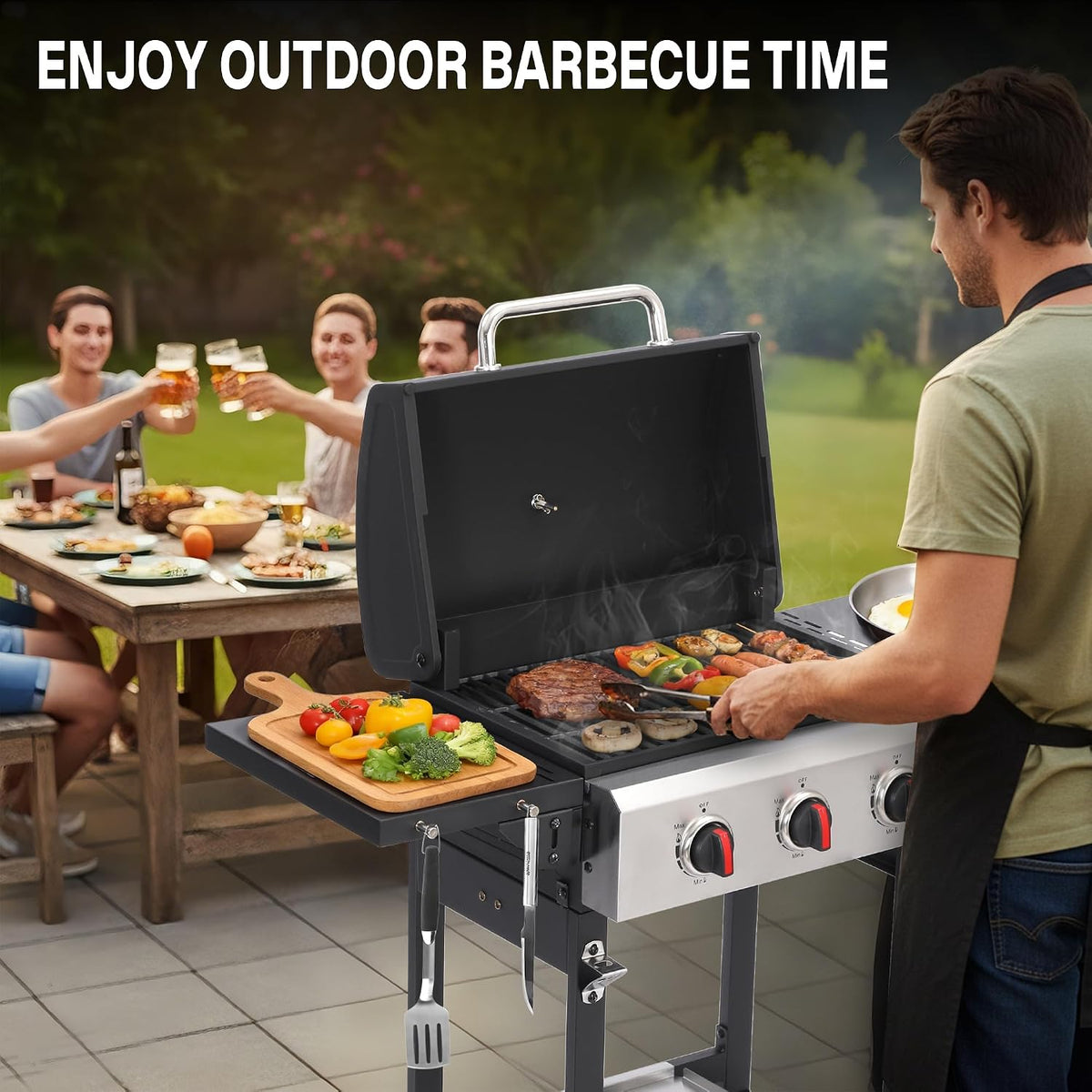 3-Burner Propane Gas Grill with Cast Iron Grates, 30,000 BTU