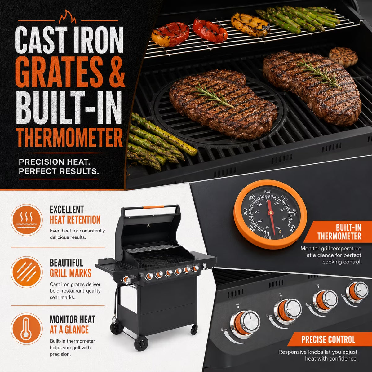 72,000 BTU Gas Grills Clearance, 6-Burner Propane BBQ Grill with Side Burner, 650 Sq.In Cooking Area, Cast Iron Grates, Warming Rack, Thermometer, Outdoor Grill for Patio Backyard