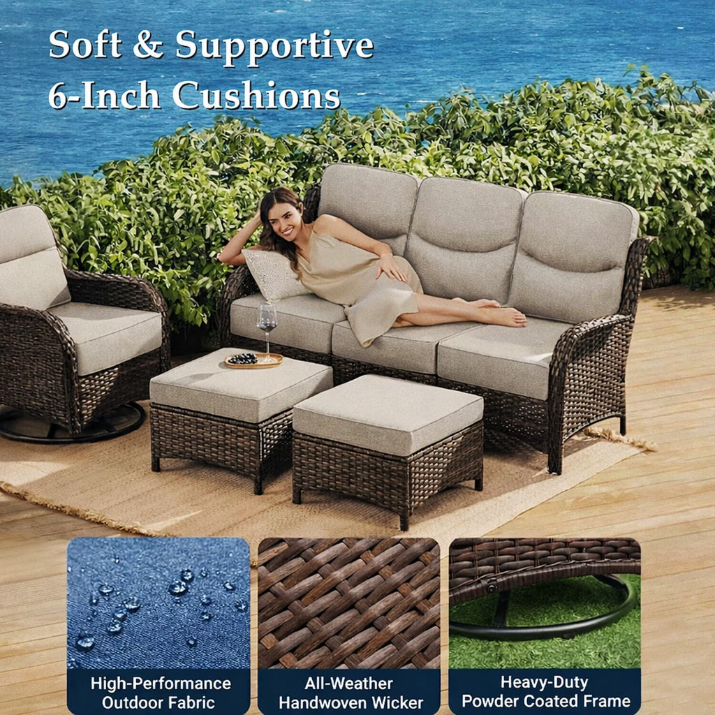 Luxury 6 Pieces Outdoor Patio Furniture Set with Swivel Rocker Chairs 6-Inch Extra Thick Cushions,Sofa Coffee Table,Wicker Conversation Sets for Porch Deck Backyard Poolside
