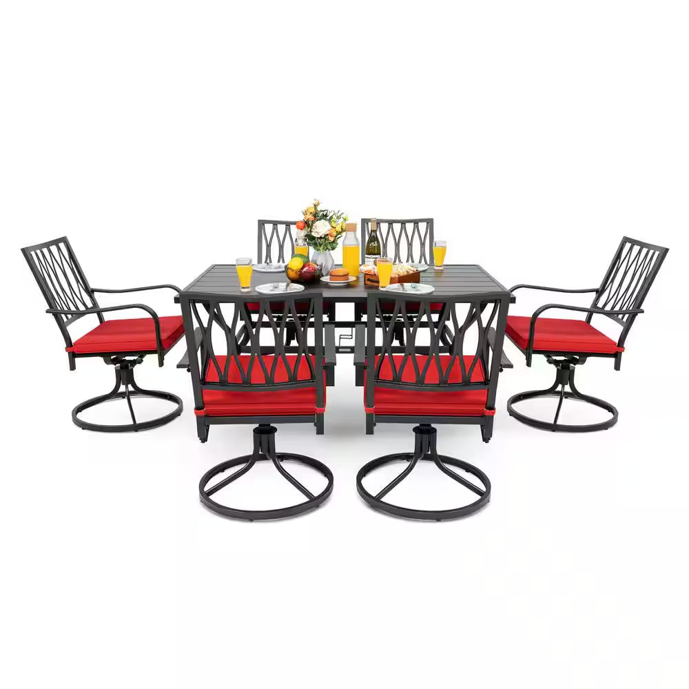 Black 7-Piece Metal Rectangle Outdoor Dining Set with Cushion Patio Furniture Set with Swivel Dining Chair