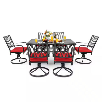 Black 7-Piece Metal Rectangle Outdoor Dining Set with Cushion Patio Furniture Set with Swivel Dining Chair