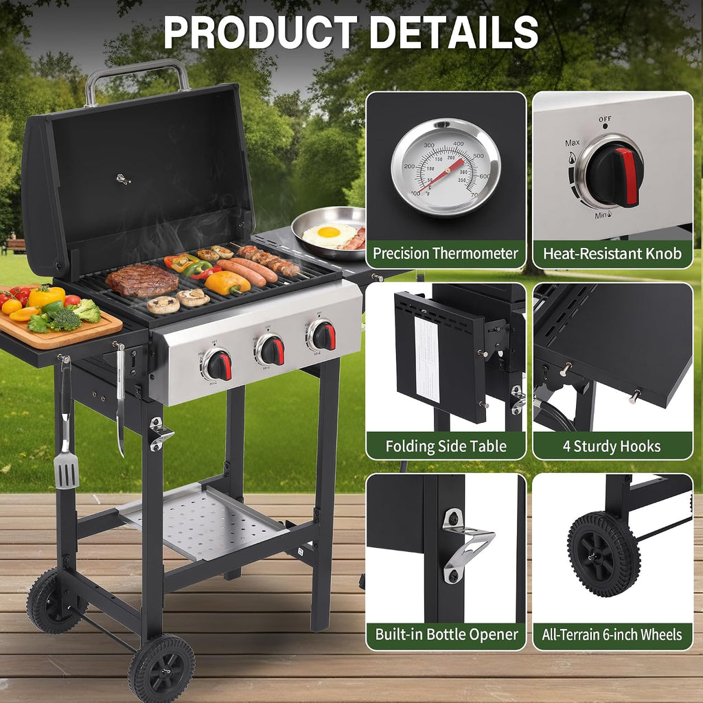 3-Burner Propane Gas Grill with Cast Iron Grates, 30,000 BTU