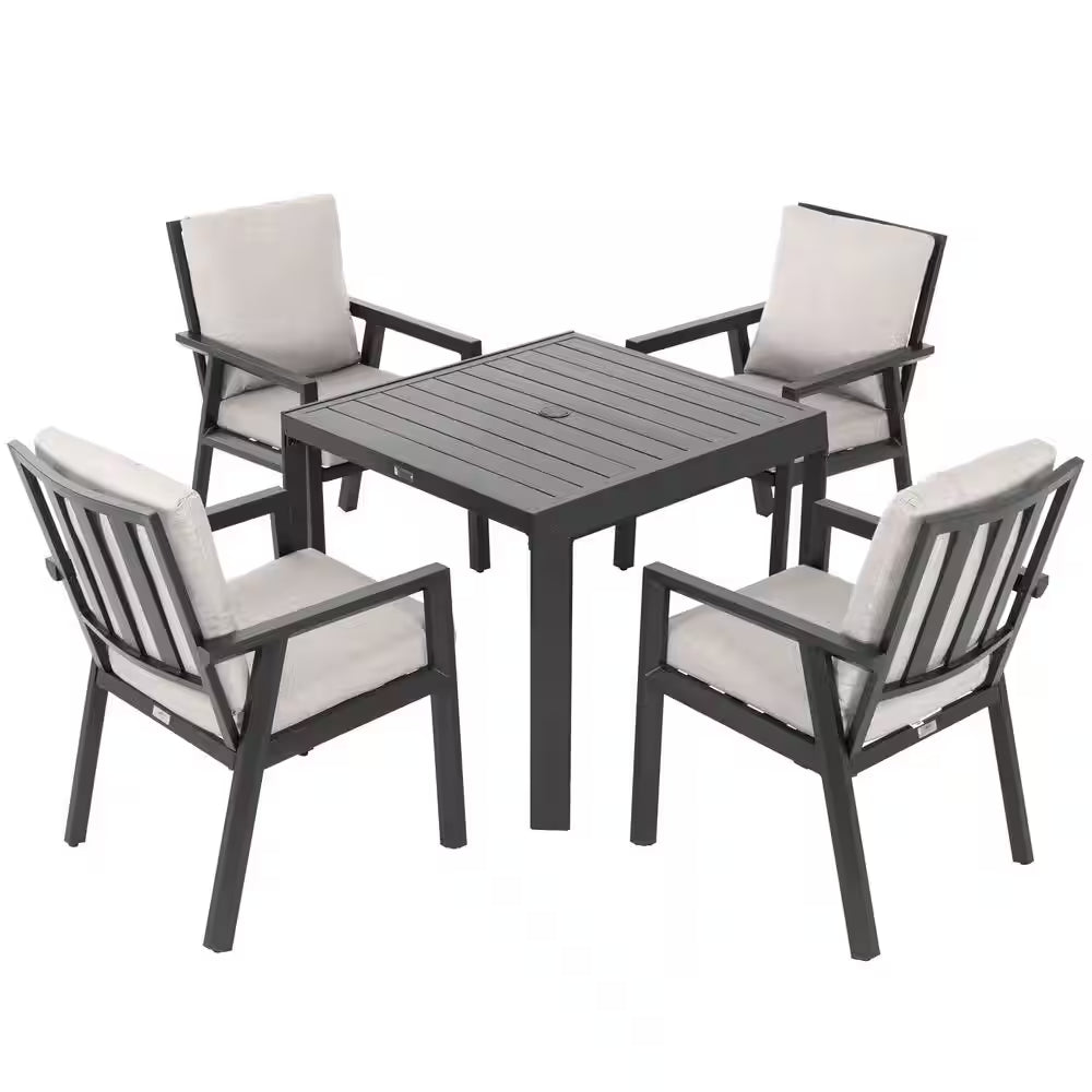 Black 5-Piece Aluminum Outdoor Dining Set with Gray Cushion